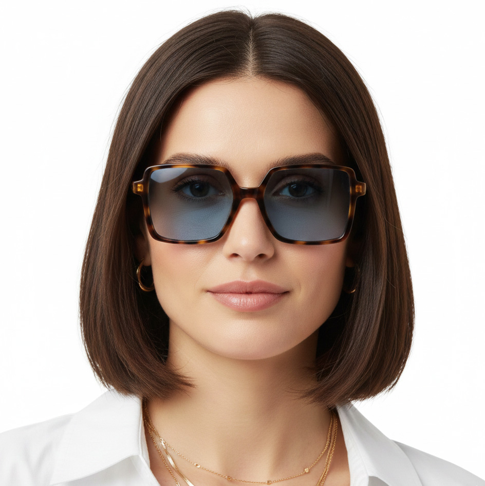 Óculos de sol femininos quadrados padrão tartaruga com lentes azuis escuras.