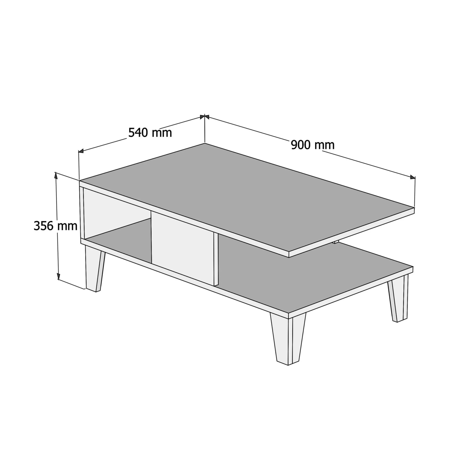 Mesa retangular com prateleiras e dimensões indicadas