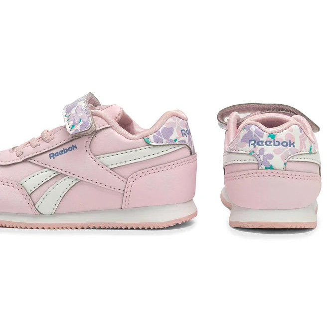 Sapatilhas infantis Reebok rosa com detalhes florais e velcro