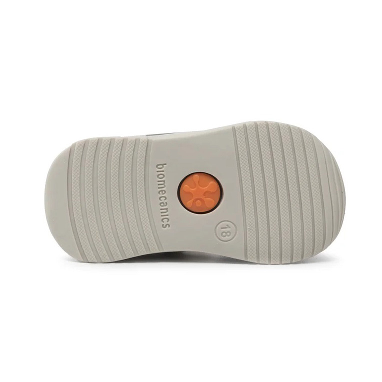 Sola de sapato cinza claro com detalhes em laranja e texto biomecanics