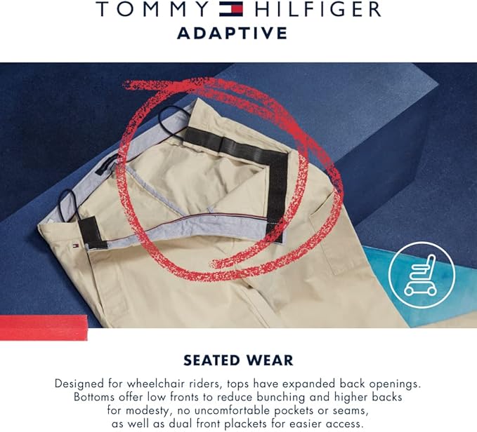 Calças bege adaptativas Tommy Hilfiger com faixa preta na cintura