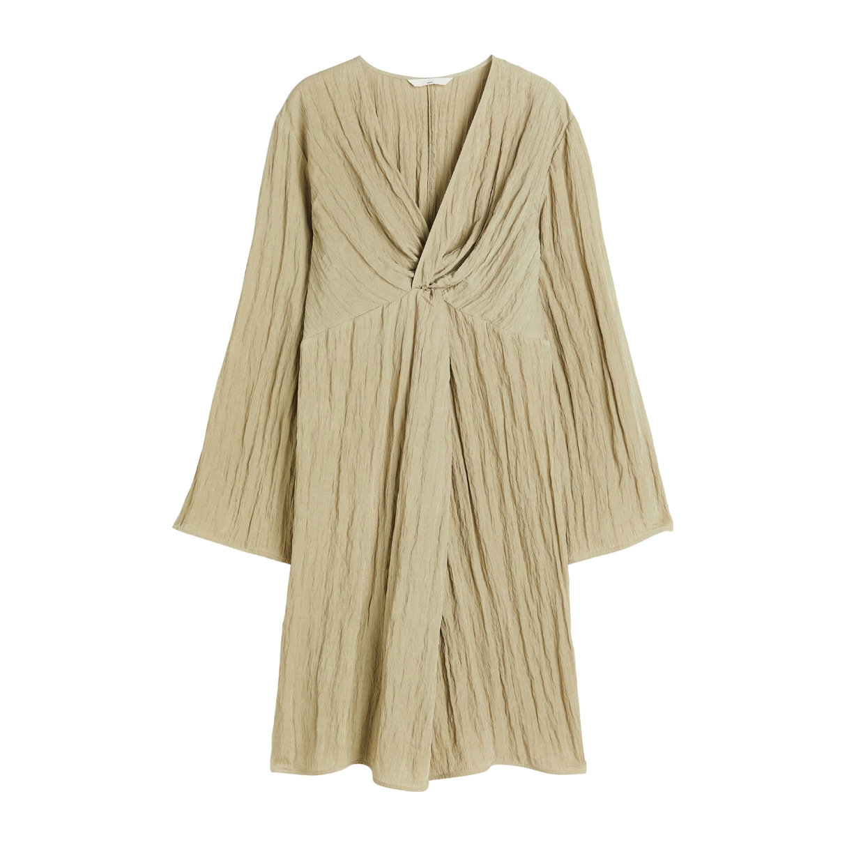 Vestido bege claro com textura vincada e mangas compridas