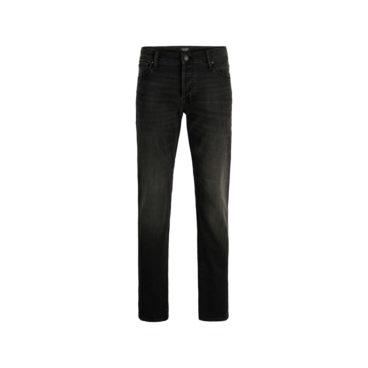 Calças de ganga pretas com cinco bolsos em fundo branco