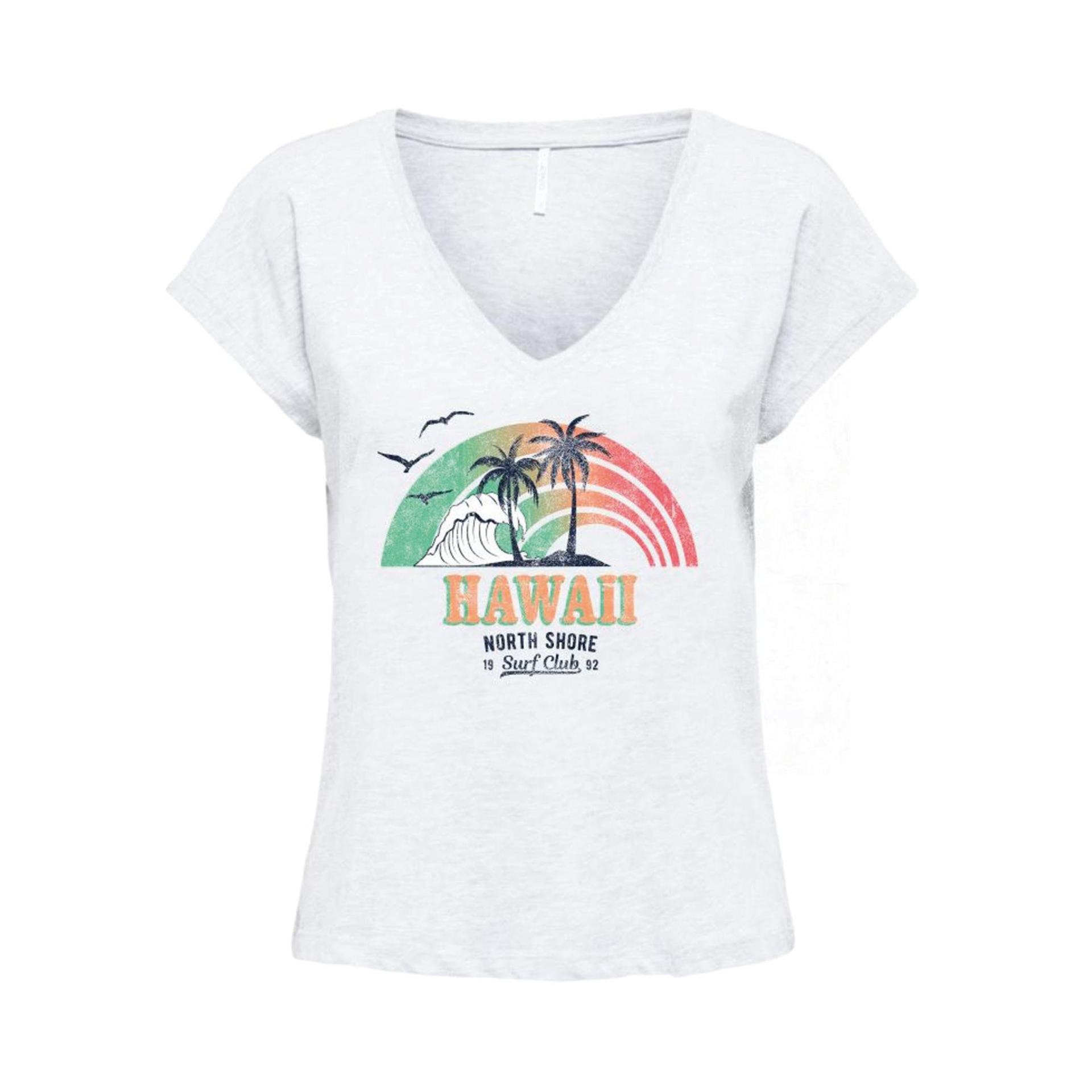 T-shirt feminina cinza clara com estampa colorida e decote em V