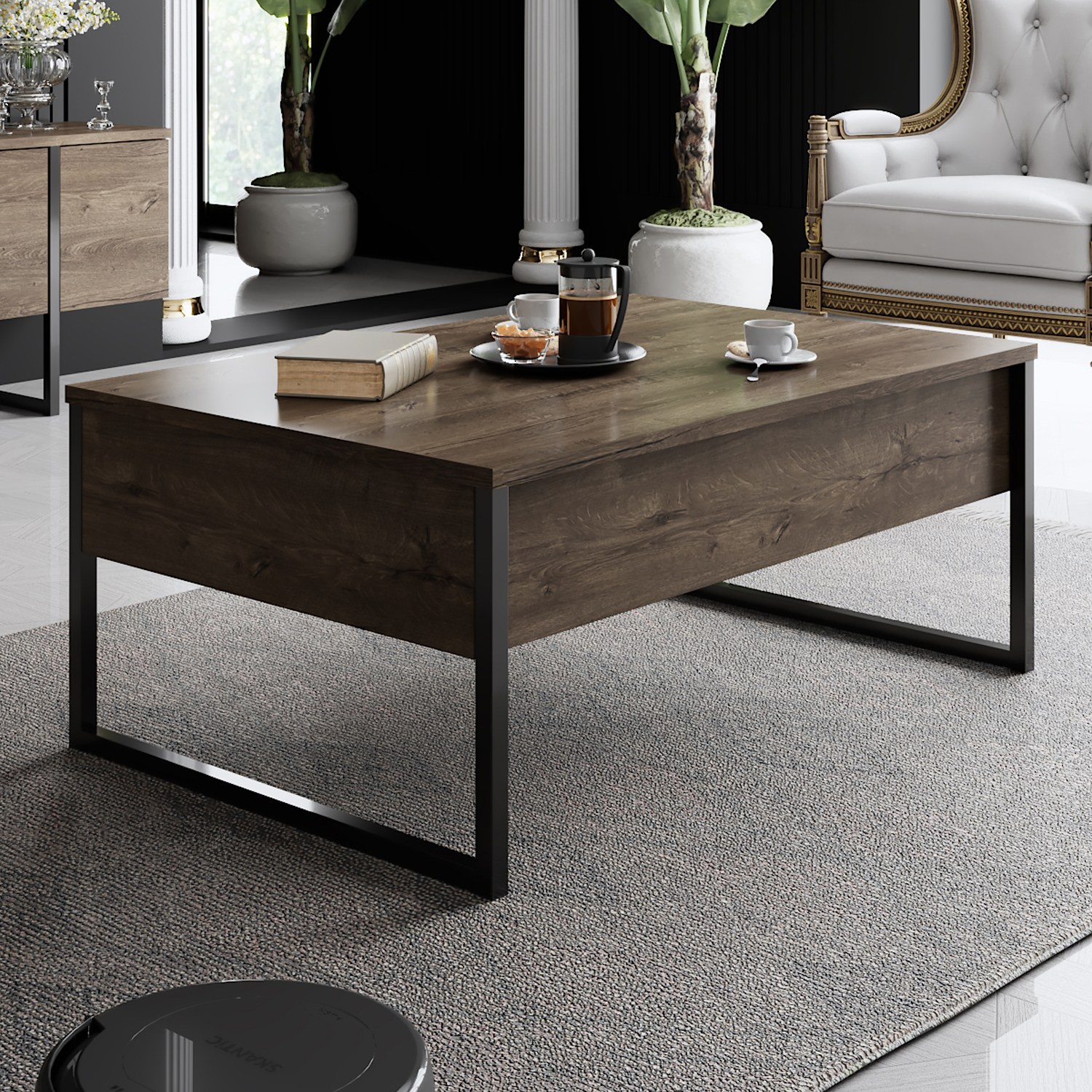 Mesa de centro quadrada em madeira escura e metal preto com suporte de café e livro