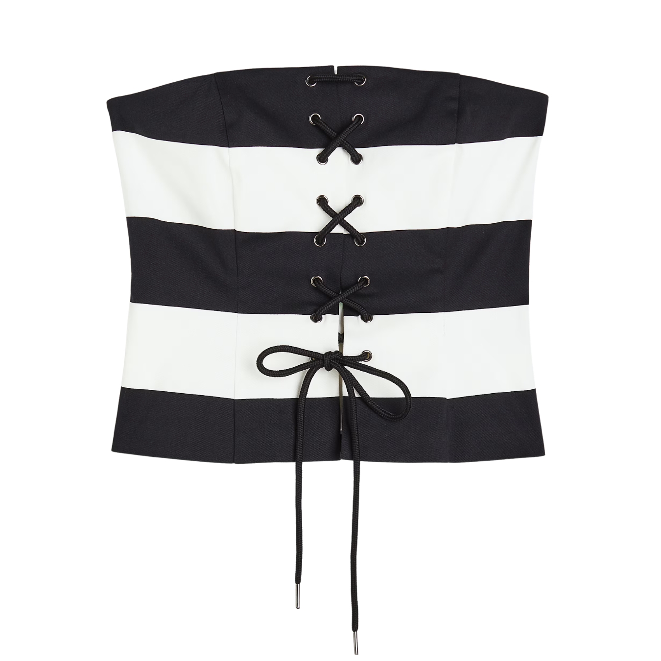 Top corselet feminino preto e branco com cordões entrelaçados na frente