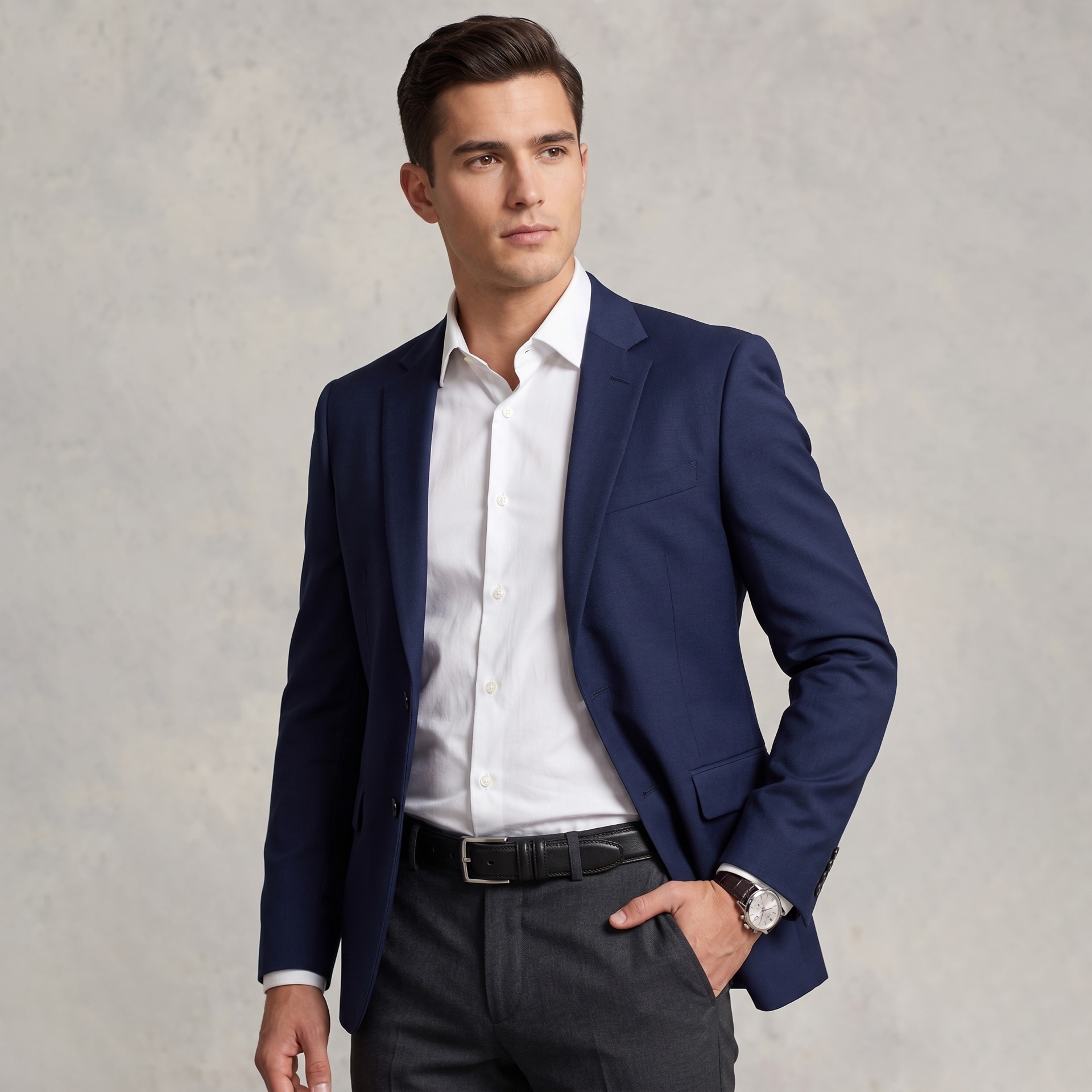 Homem com casaco azul, camisa branca e calças cinza