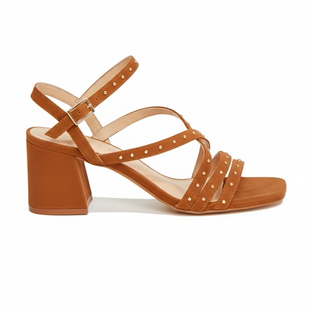 Sandália castanha de salto médio com tiras e rebites dourados