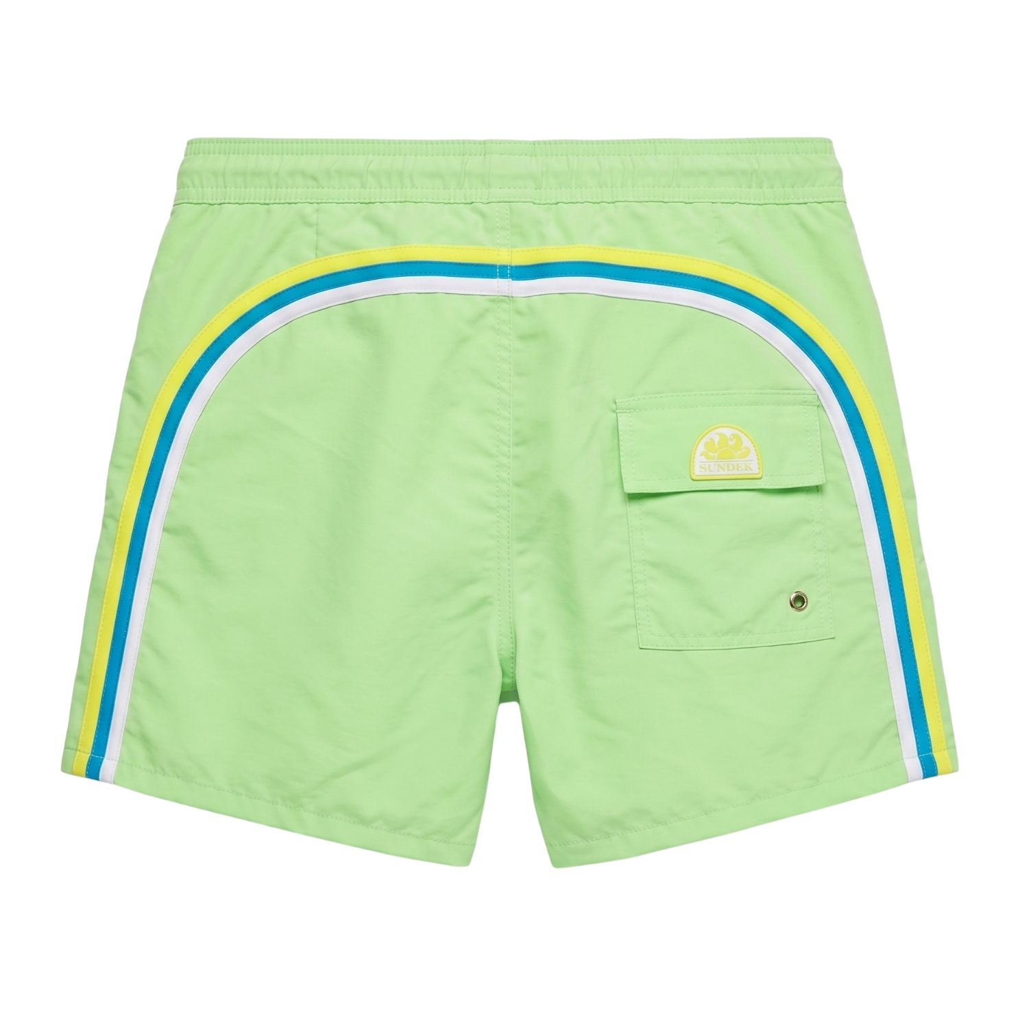 Calções de banho verdes com riscas coloridas e bolso traseiro com etiqueta SUNDEK