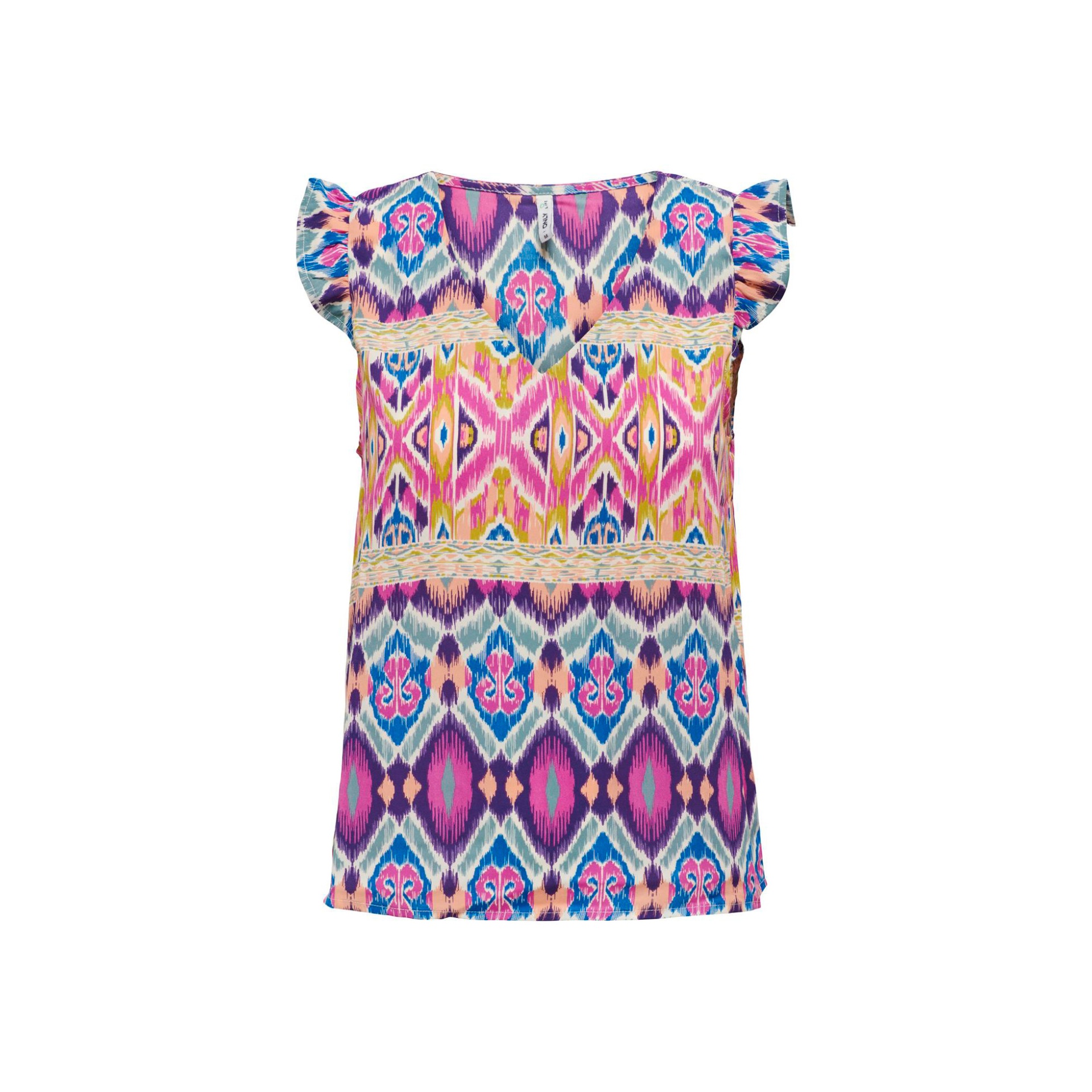 Vestido infantil colorido com padrão geométrico e detalhes em renda