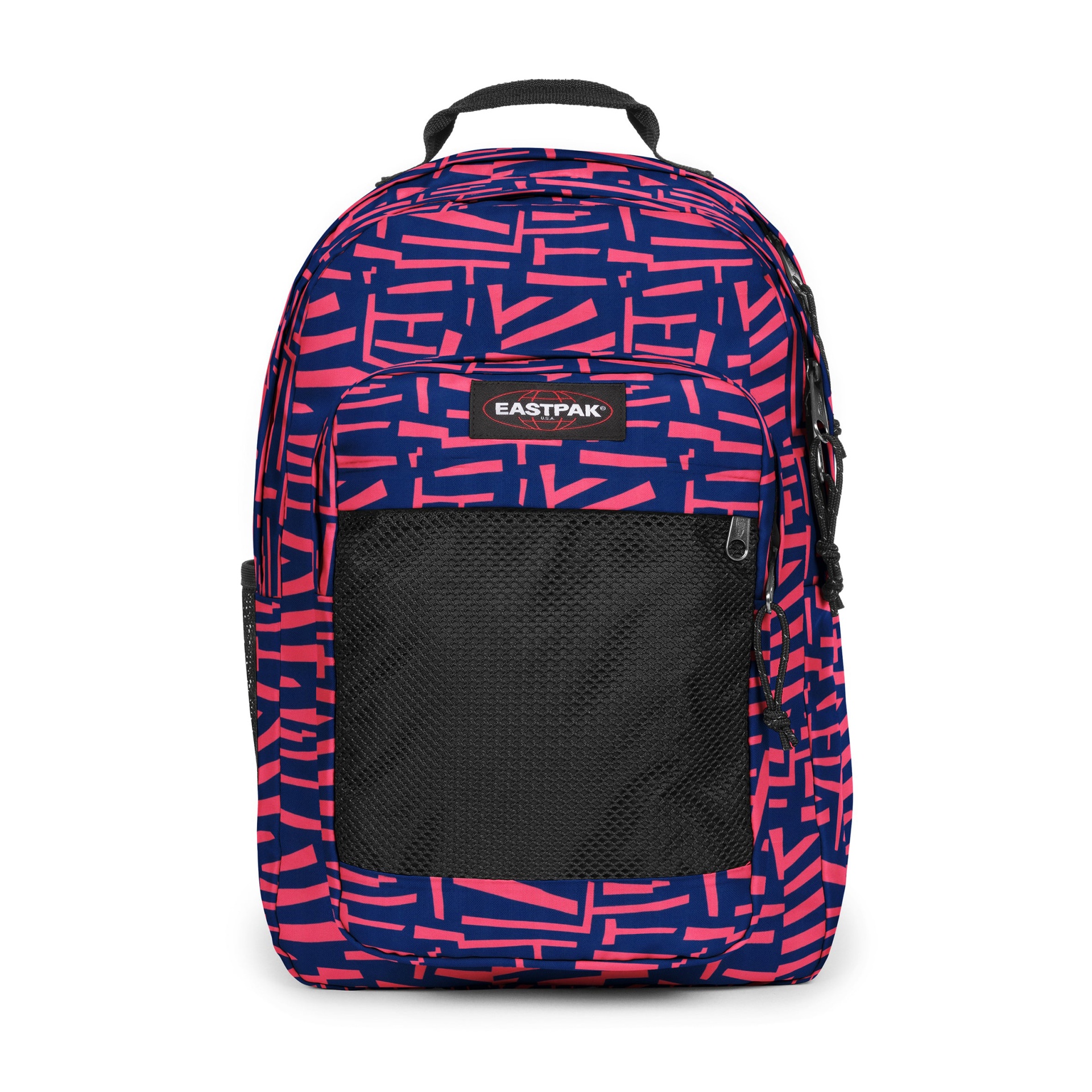 Mochila azul e rosa com bolso de rede preto