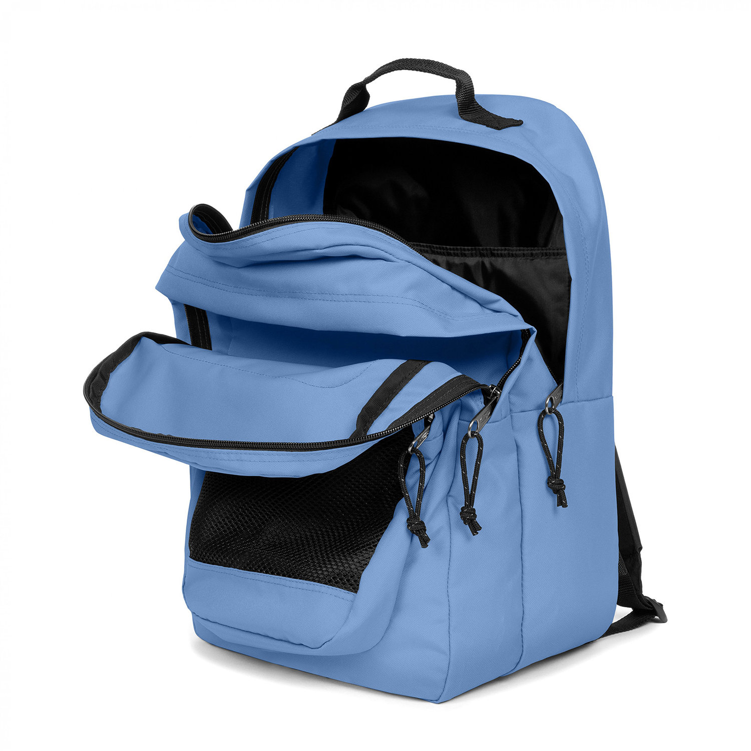 Mochila azul clara com bolsos abertos e puxadores pretos