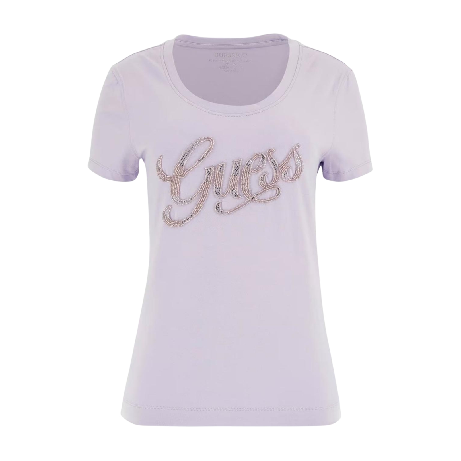 T-shirt lilás feminina manga curta com logo Guess em pedraria