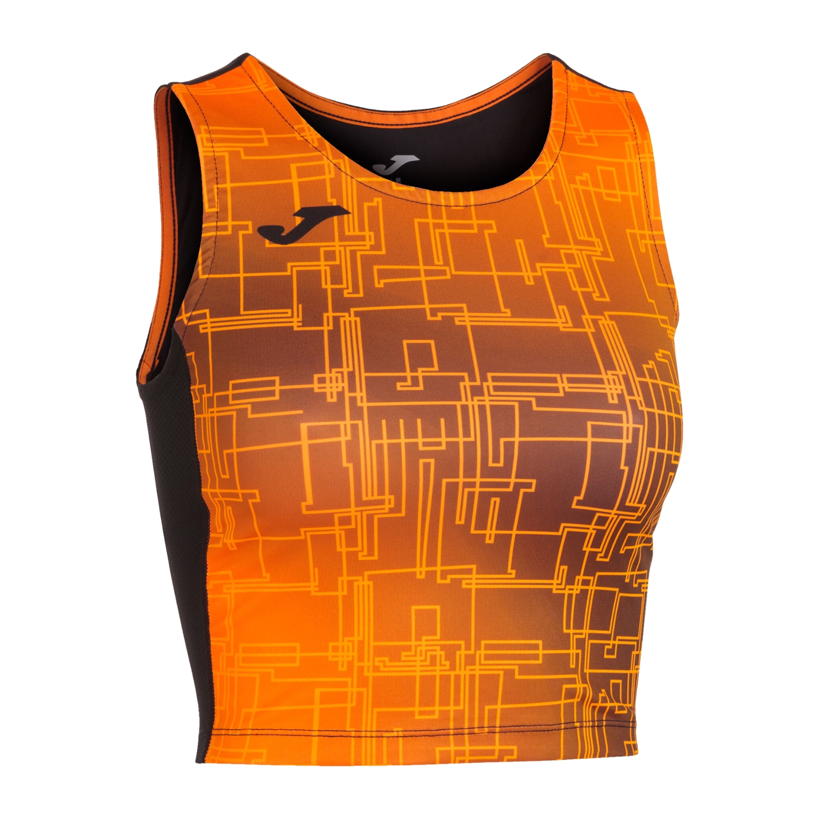 Top desportivo feminino laranja com padrão geométrico e logo J preto