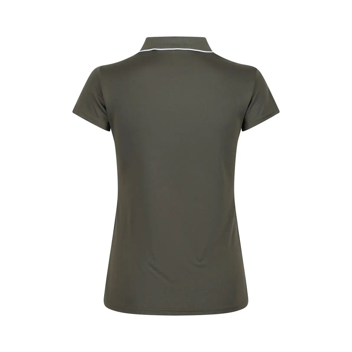 Camisola pólo verde-oliva feminina vista de trás