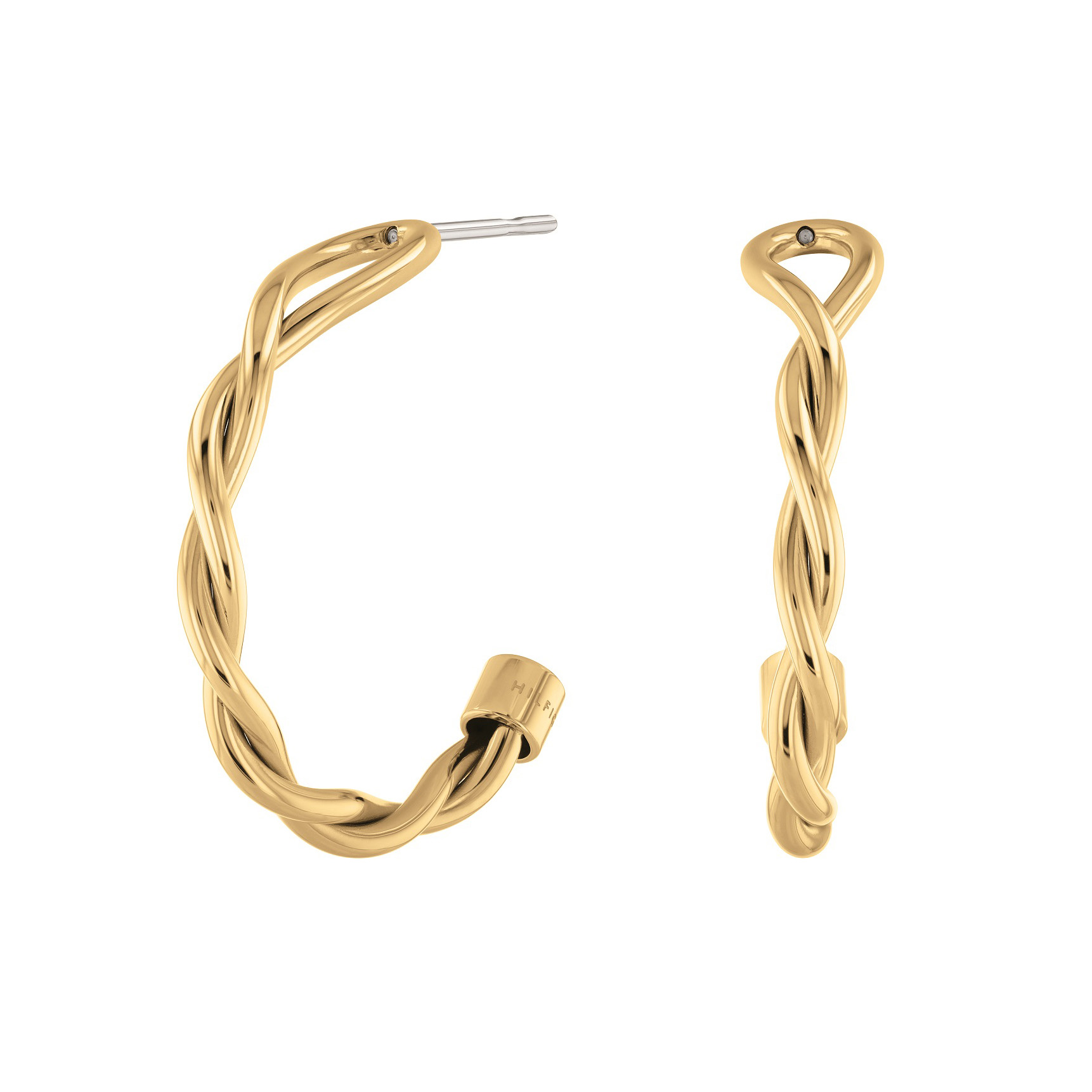 Brincos dourados em forma de argola torcida com fecho prateado