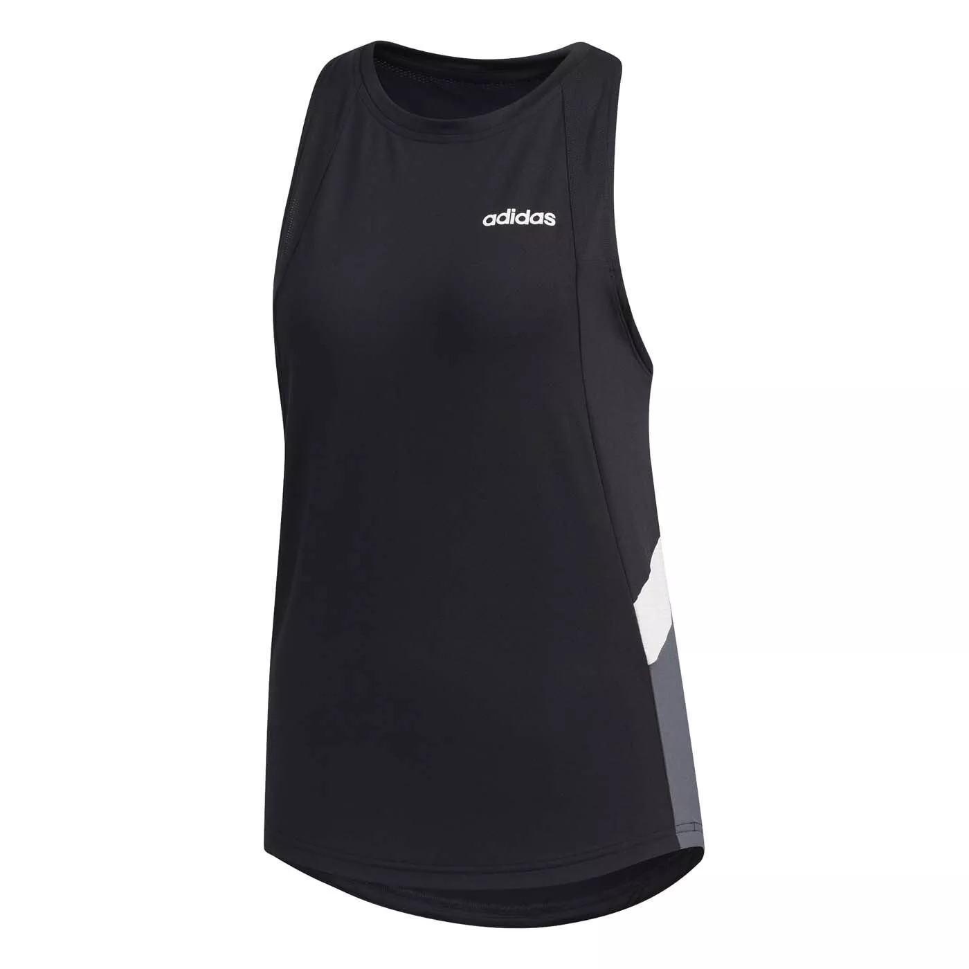 Regata preta adidas com detalhe lateral cinzento e branco e logótipo branco