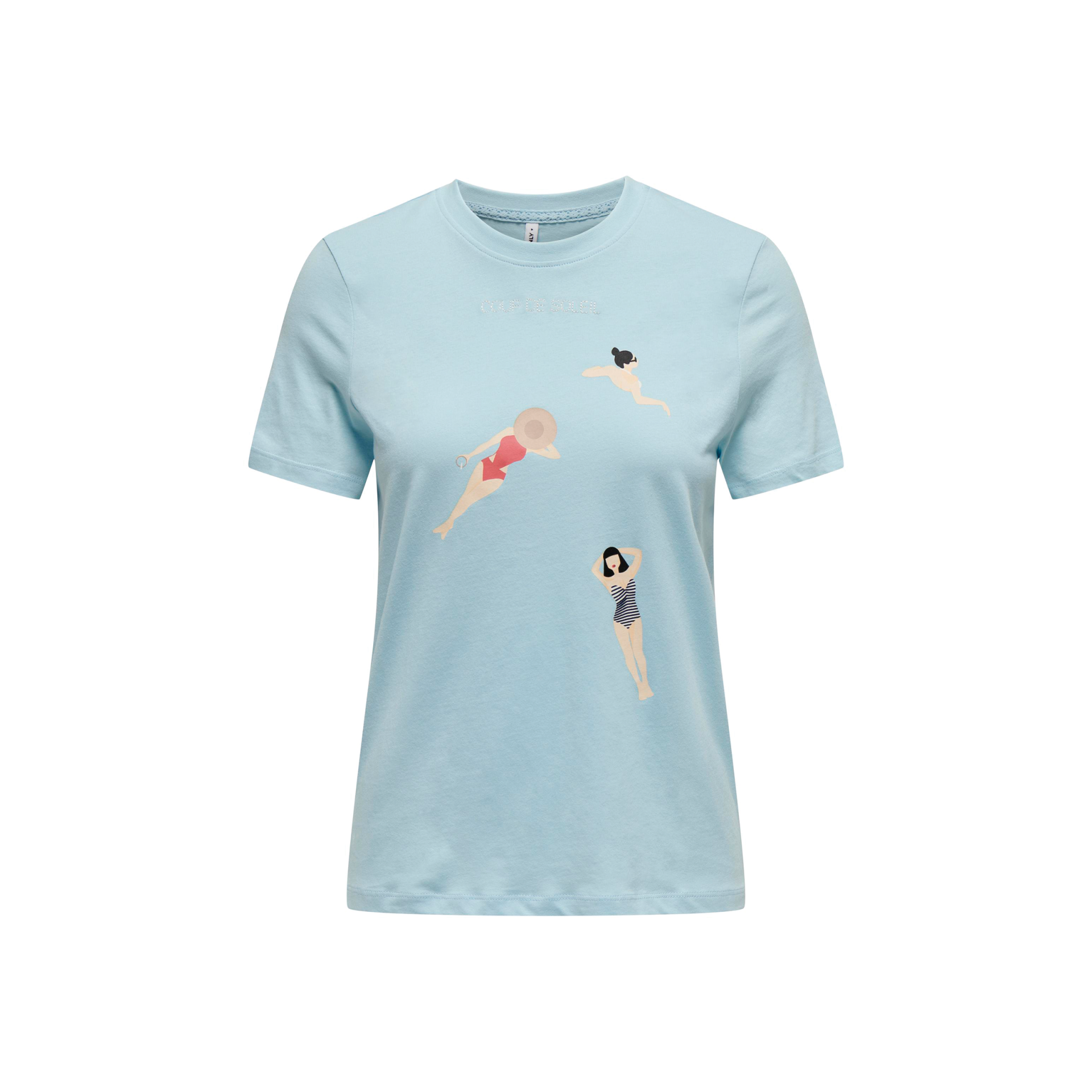 T-shirt azul clara com estampa de mulheres em maiôs coloridos