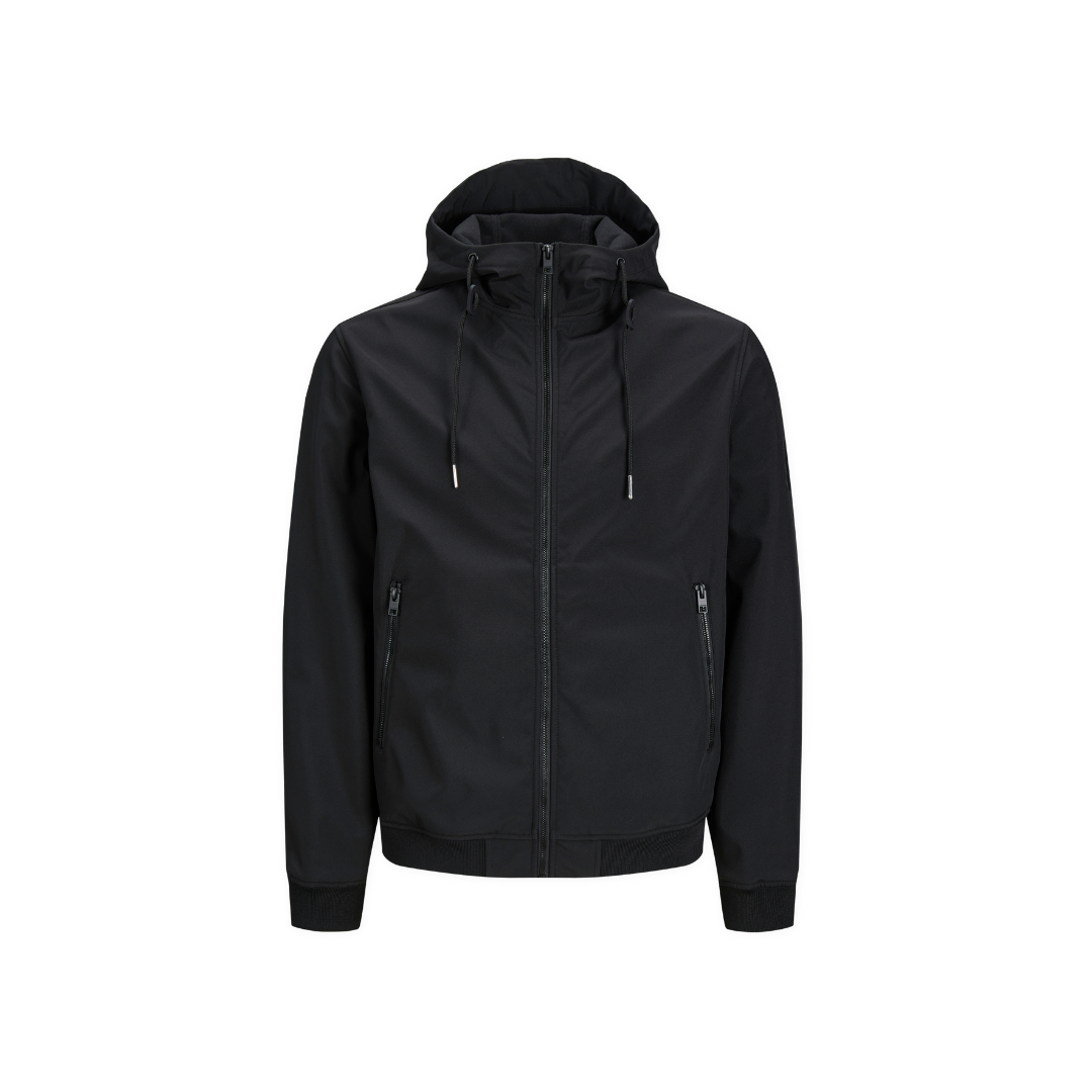 Casaco preto masculino com capuz e fecho de correr