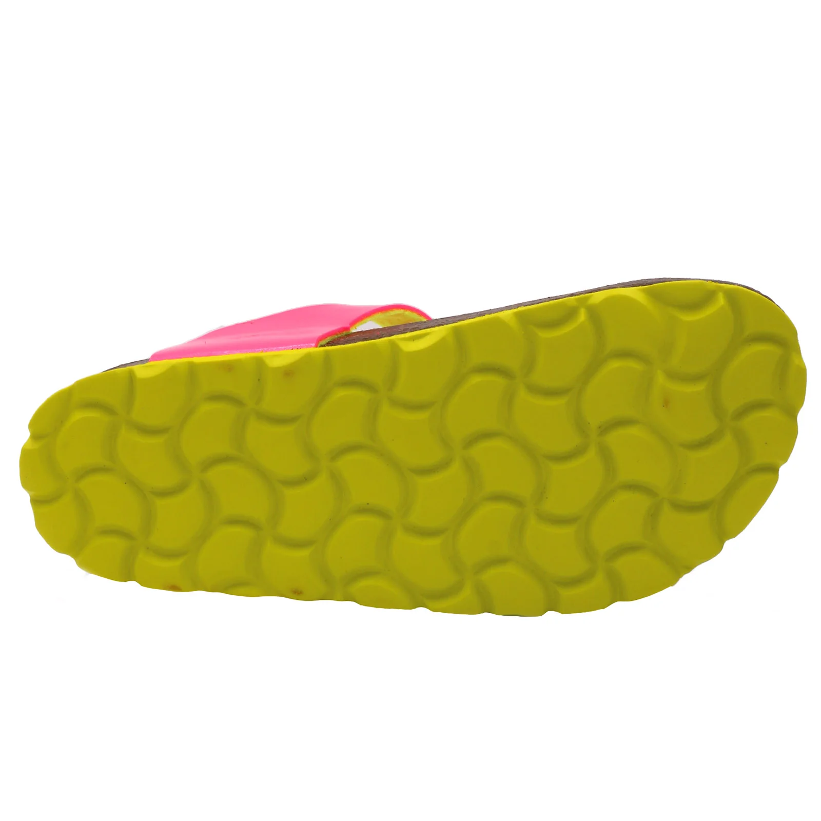 Sola de sandália amarela com tiras rosa