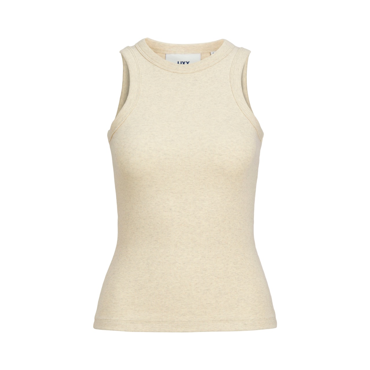 Top feminino bege de malha canelada sem mangas com gola redonda