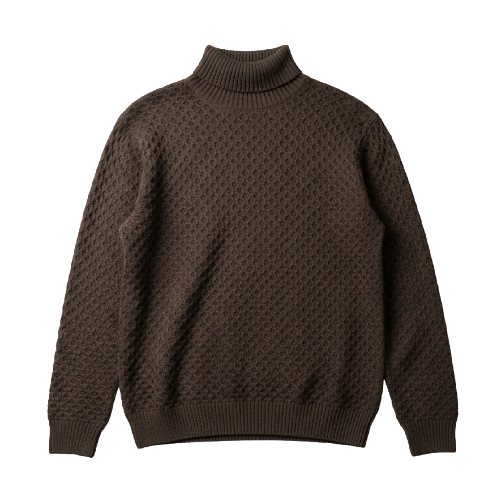 Camisola castanha gola alta texturizada com punhos e bainha canelados