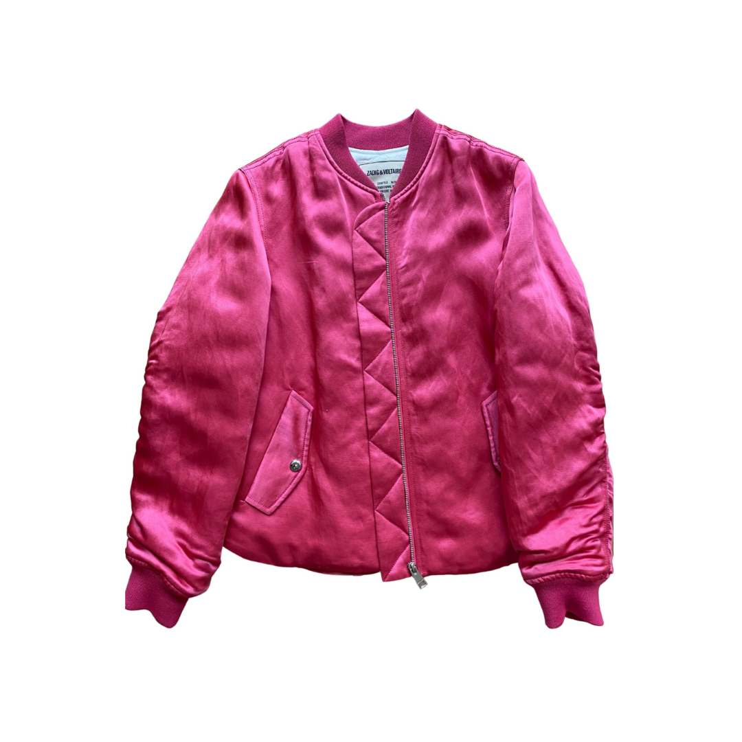 Casaco bomber feminino rosa acetinado com fecho de correr e bolso