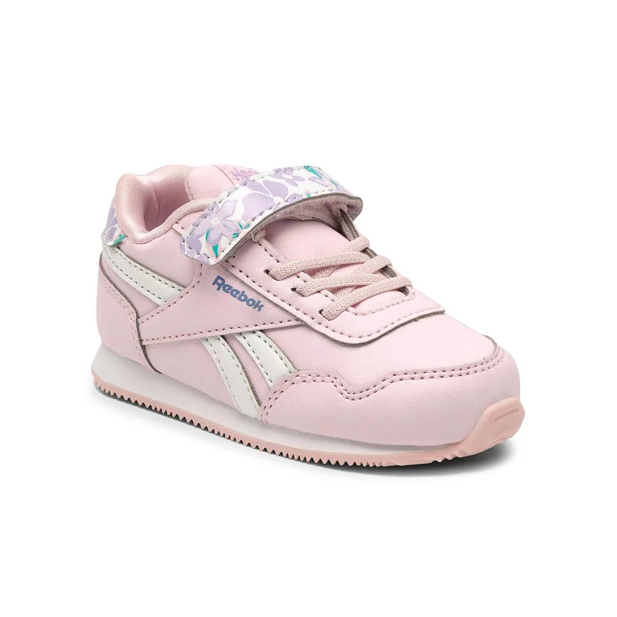 Sapatilha infantil rosa da Reebok com fecho de velcro floral e sola de borracha.