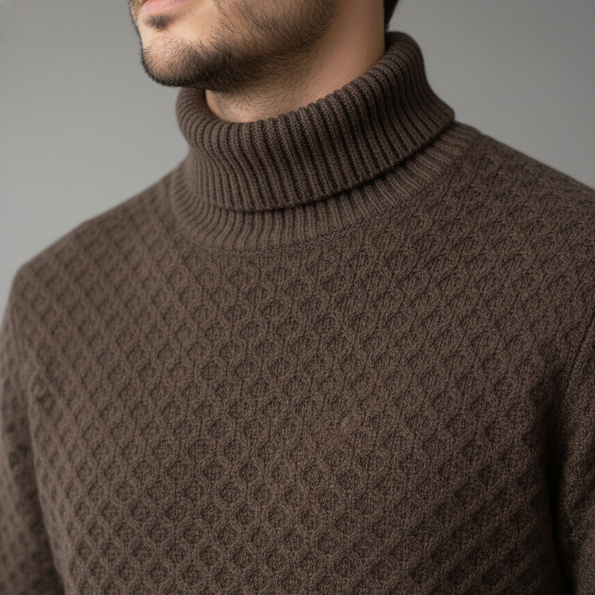 Camisola de gola alta castanha texturada num tronco masculino