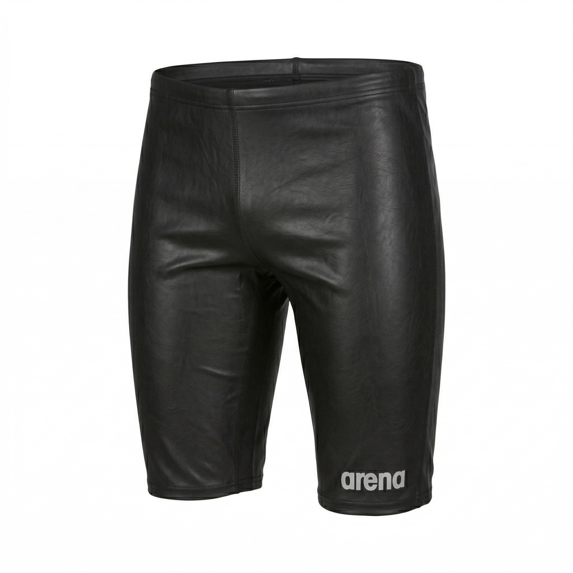 Calções pretos de aspeto couro com logótipo arena cinza.