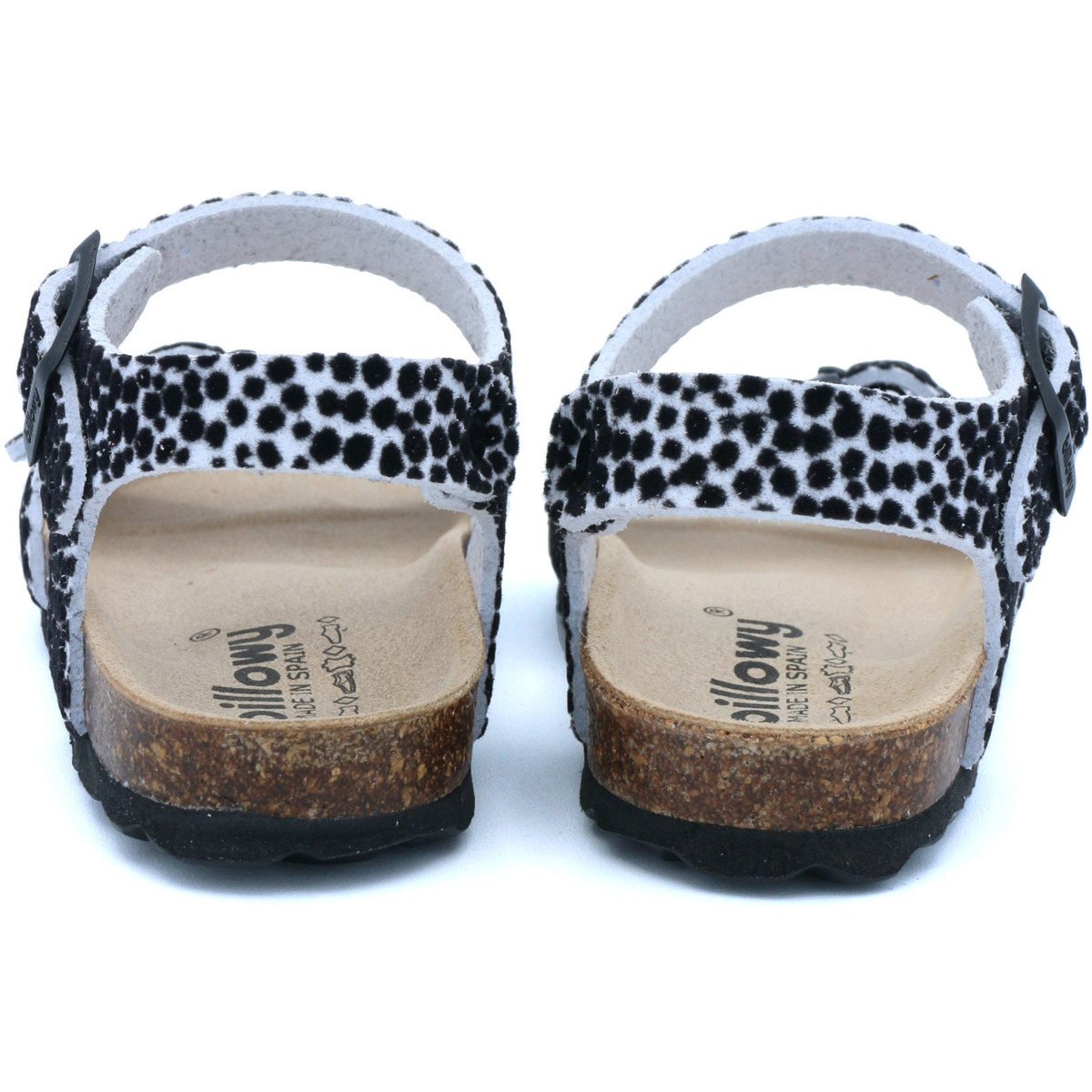 Sandálias infantis com estampa preta e branca e sola de cortiça