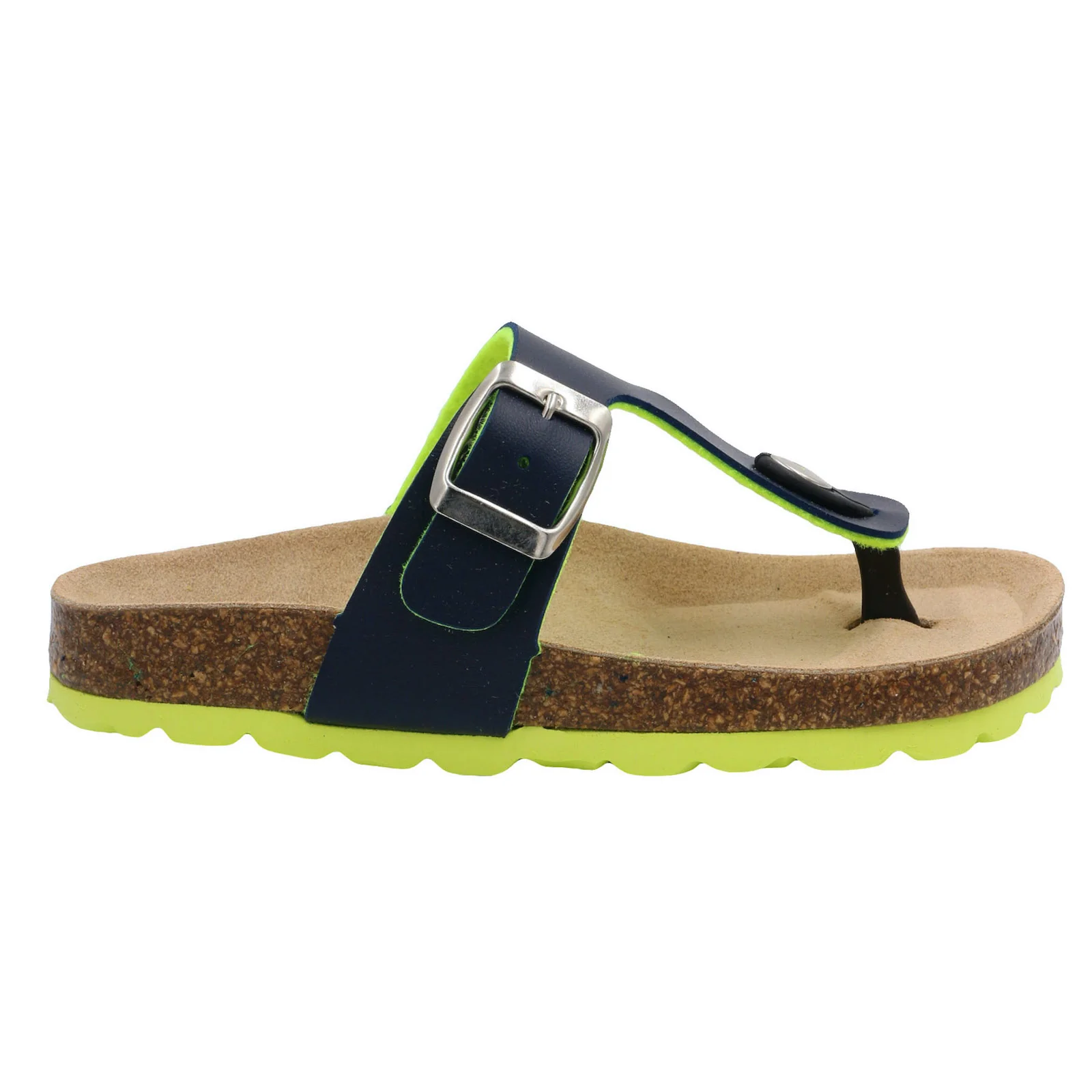 Sandália tipo chinelo preta com sola de cortiça e verde-neon