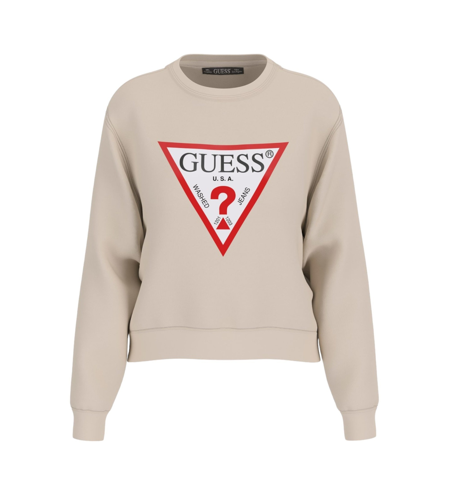 Sweatshirt bege com logo triangular GUESS em vermelho e preto