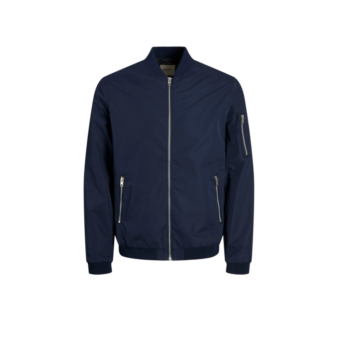 Casaco bomber azul marinho com fecho zíper prateado e bolsos