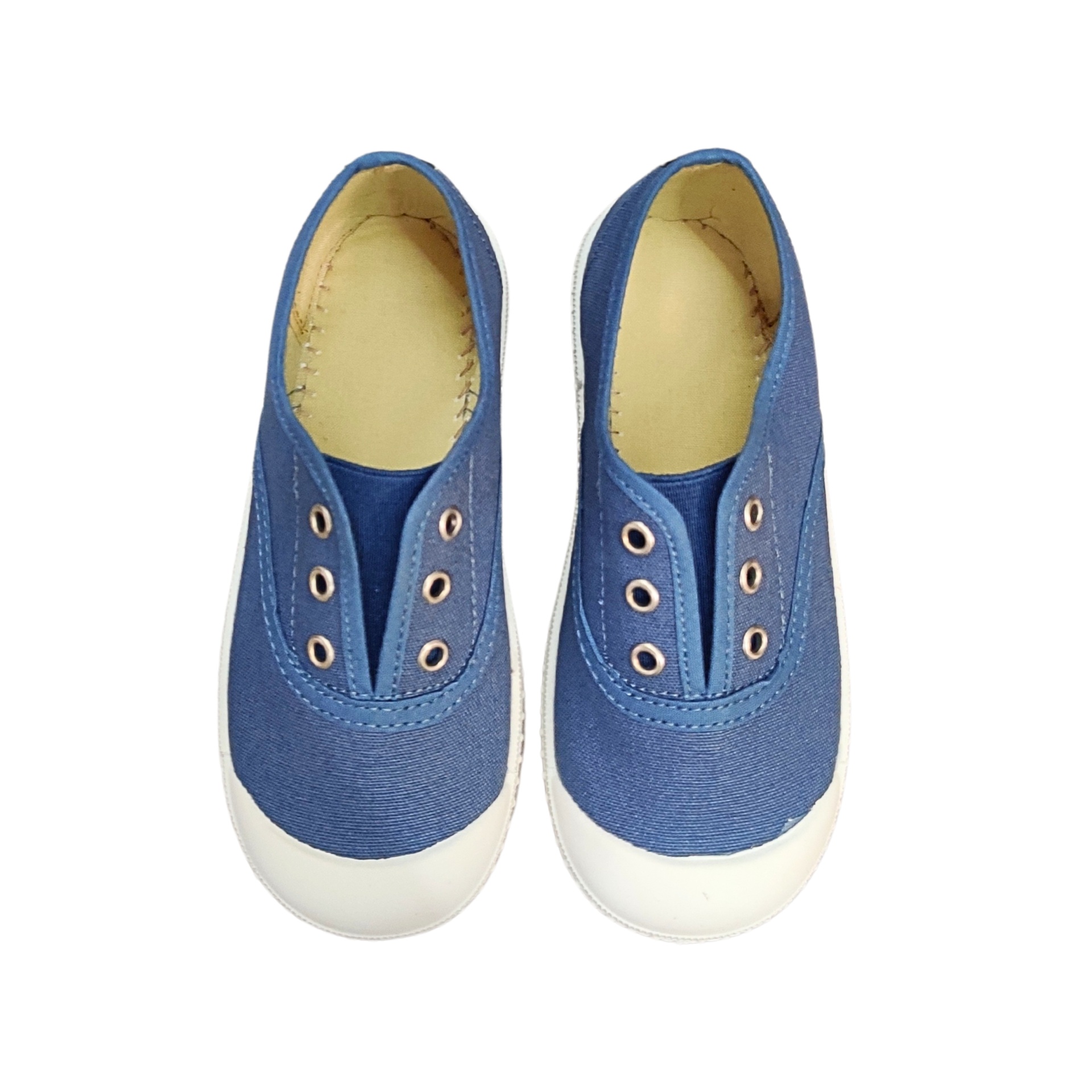 Ténis infantis azuis claros com biqueira branca e sem atacadores