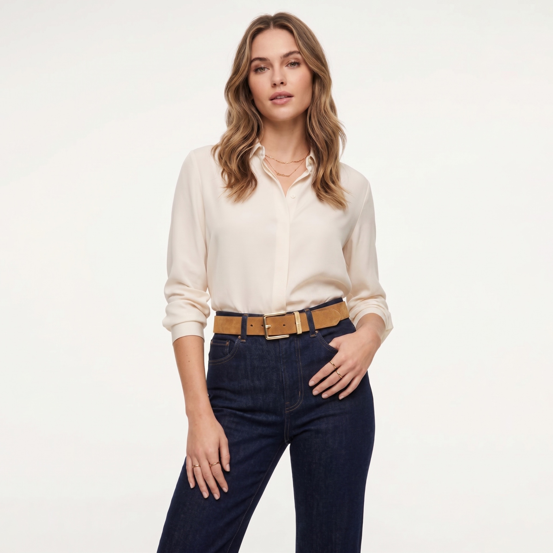 Mulher com blusa creme e calças de ganga azul com cinto castanho em fundo branco