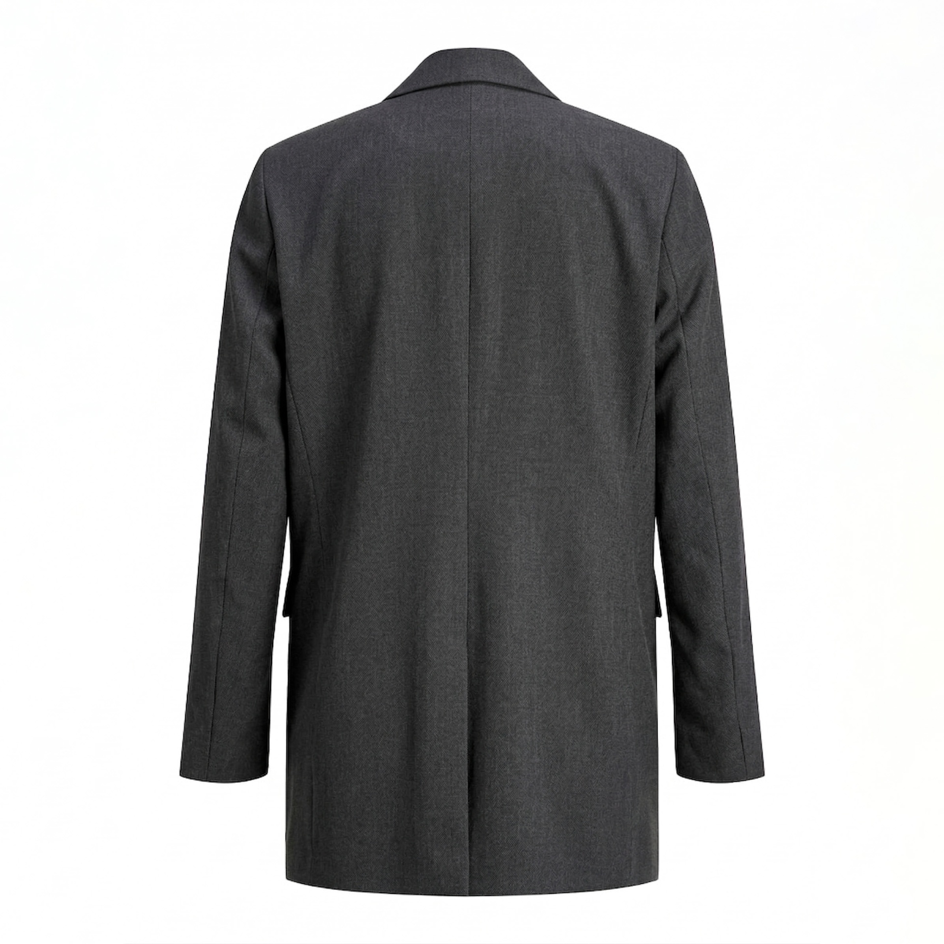 Casaco cinzento escuro visto de costas com corte comprido