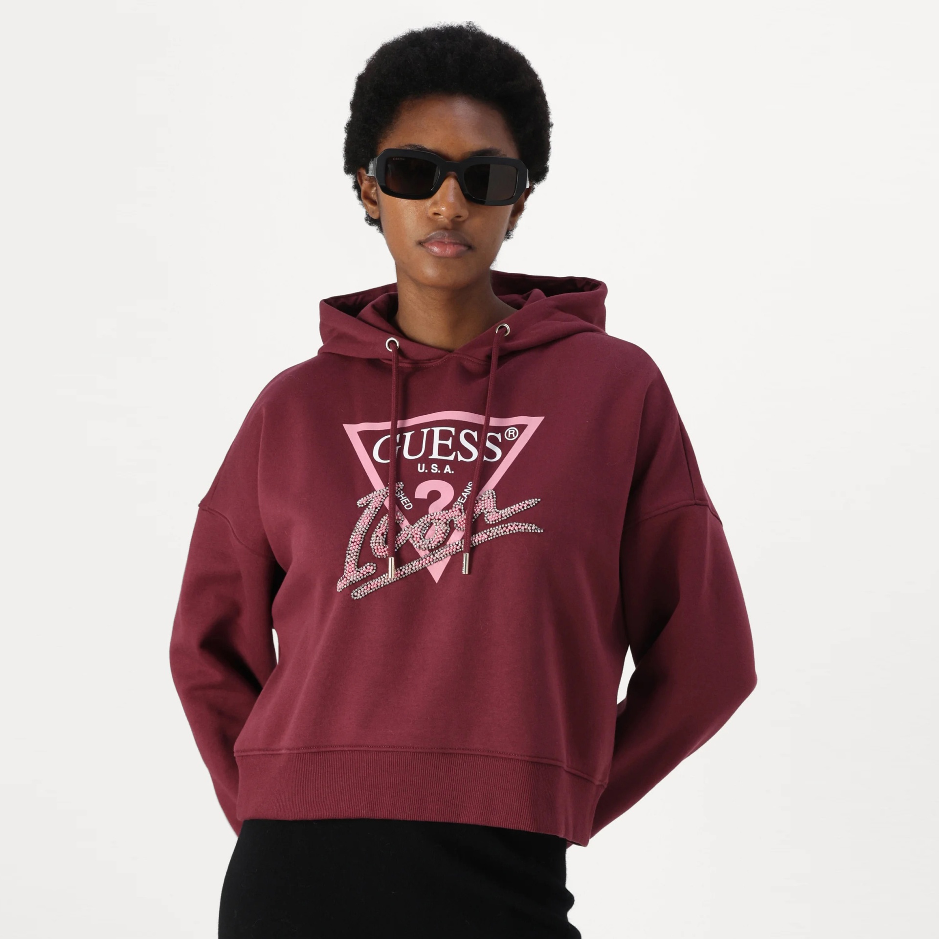 Sudadera hoodie vinho com logótipo GUESS U.S.A. e texto Icon em pedras brilhantes
