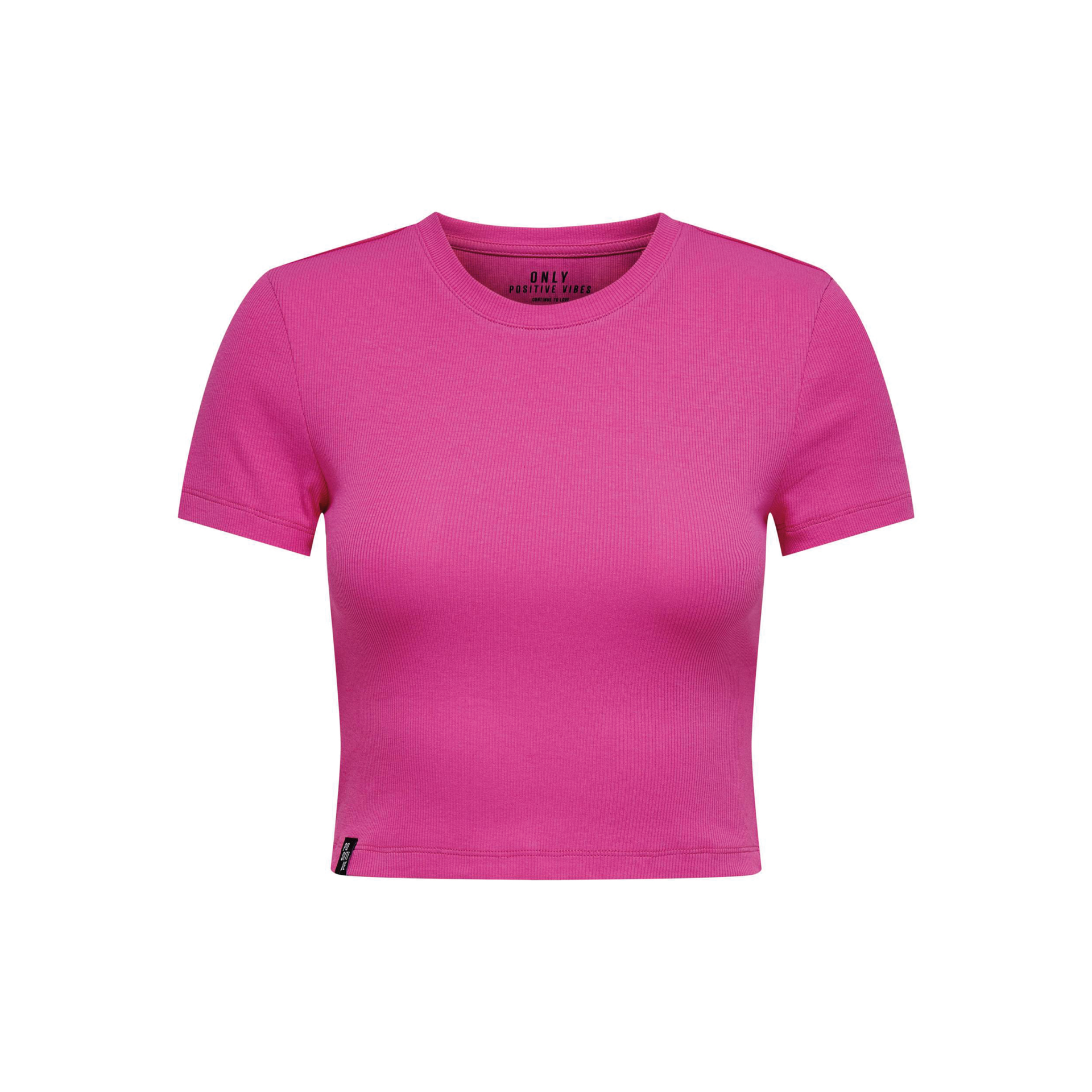 T-shirt cropped rosa de manga curta com gola redonda