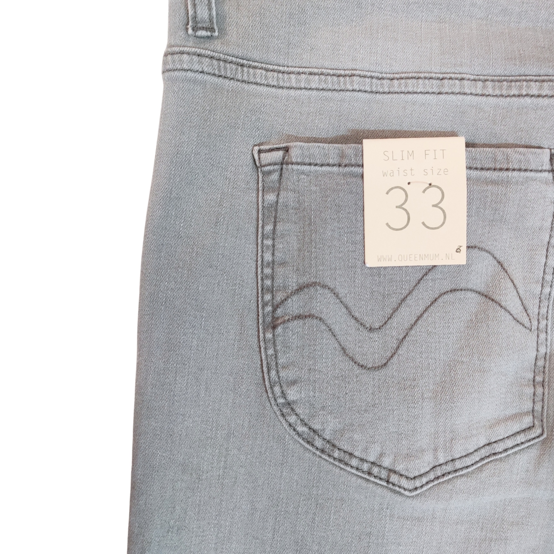 Calças de ganga cinza claro com bolso traseiro e etiqueta de tamanho 33