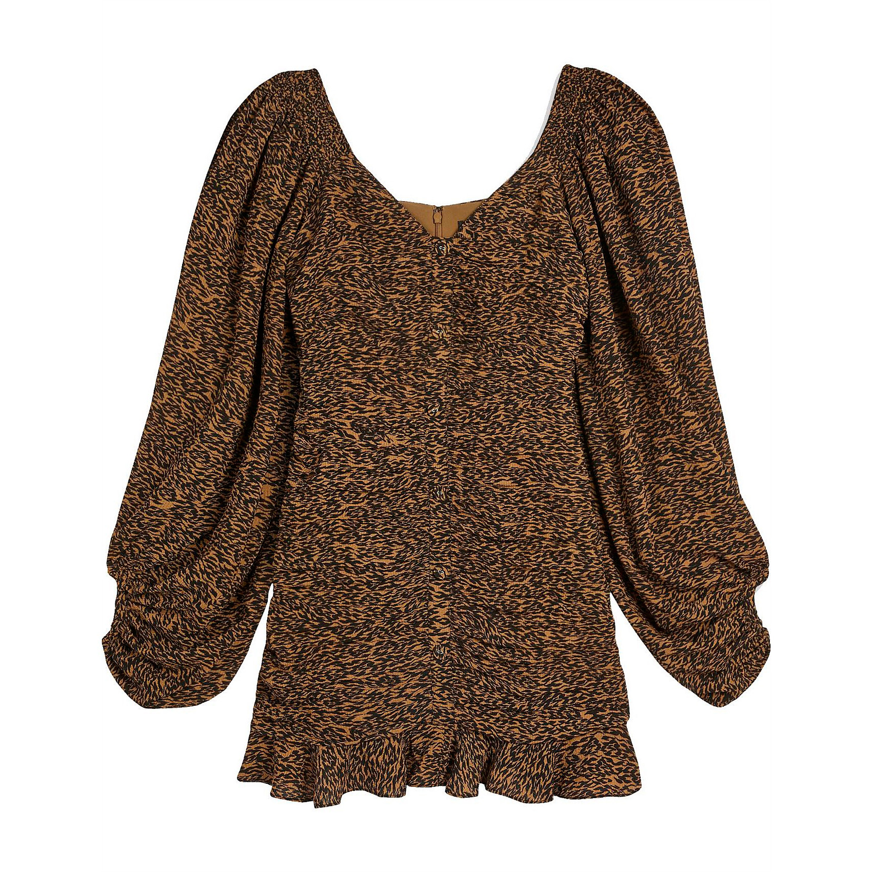 Vestido feminino animal print castanho e preto com mangas abalonadas e botões frontais