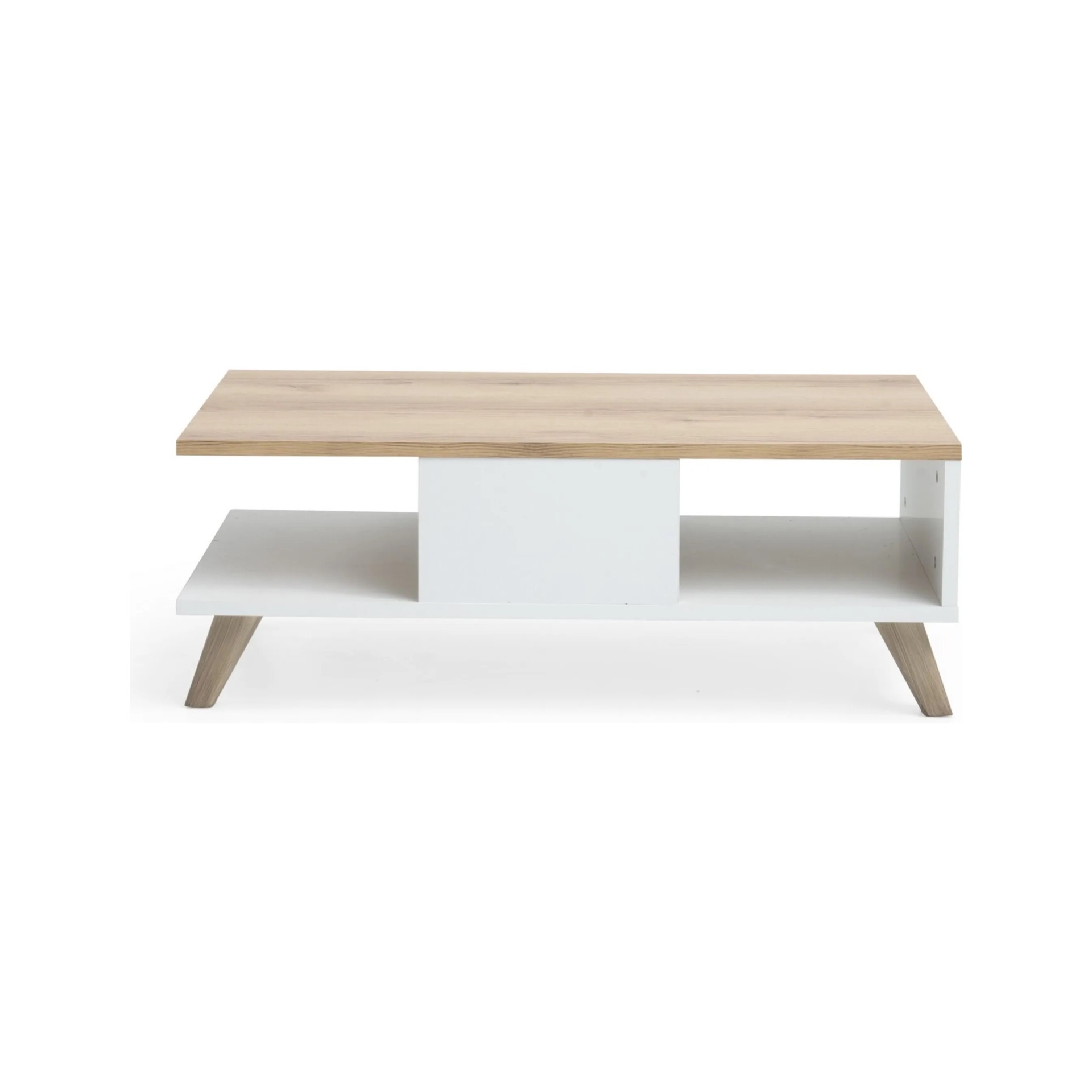 Mesa de centro retangular em madeira clara com estrutura branca e pernas inclinadas