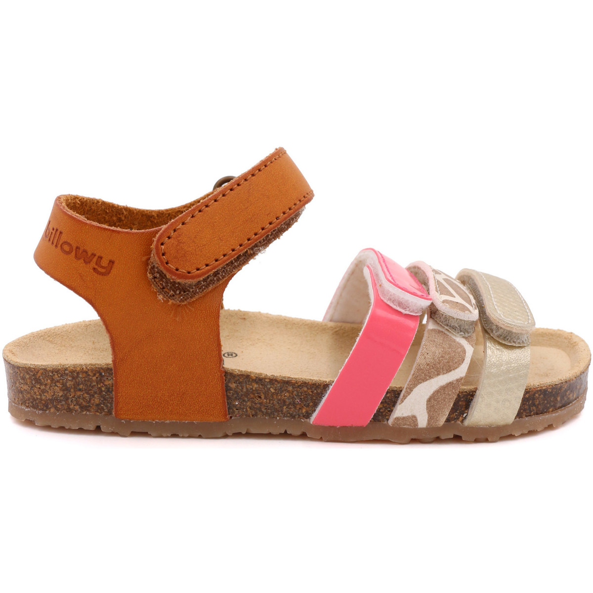 Sandália de criança com tiras castanha, cor-de-rosa e bege, sola de cortiça