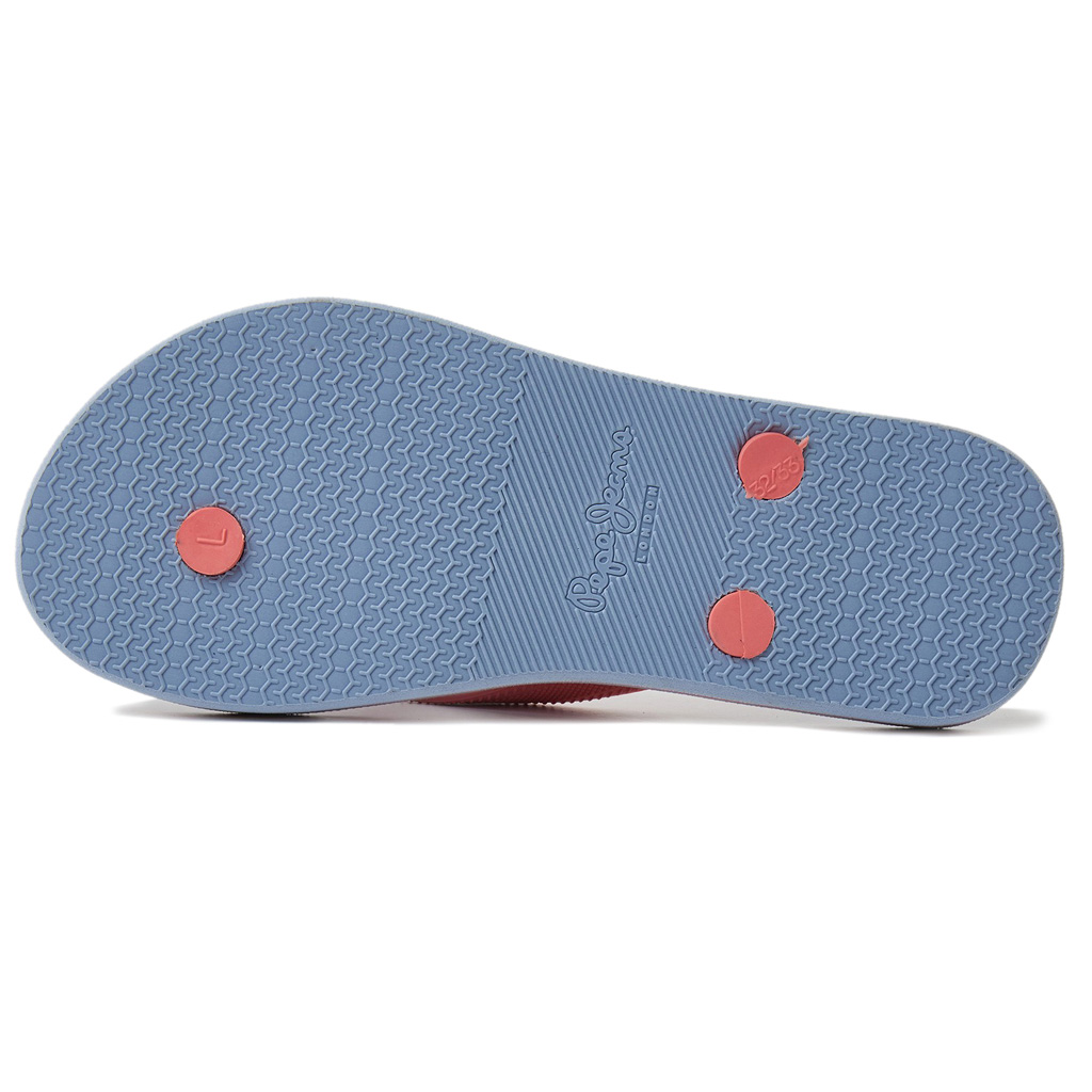 Sola de sandália azul com pontos vermelhos e texto Reefs