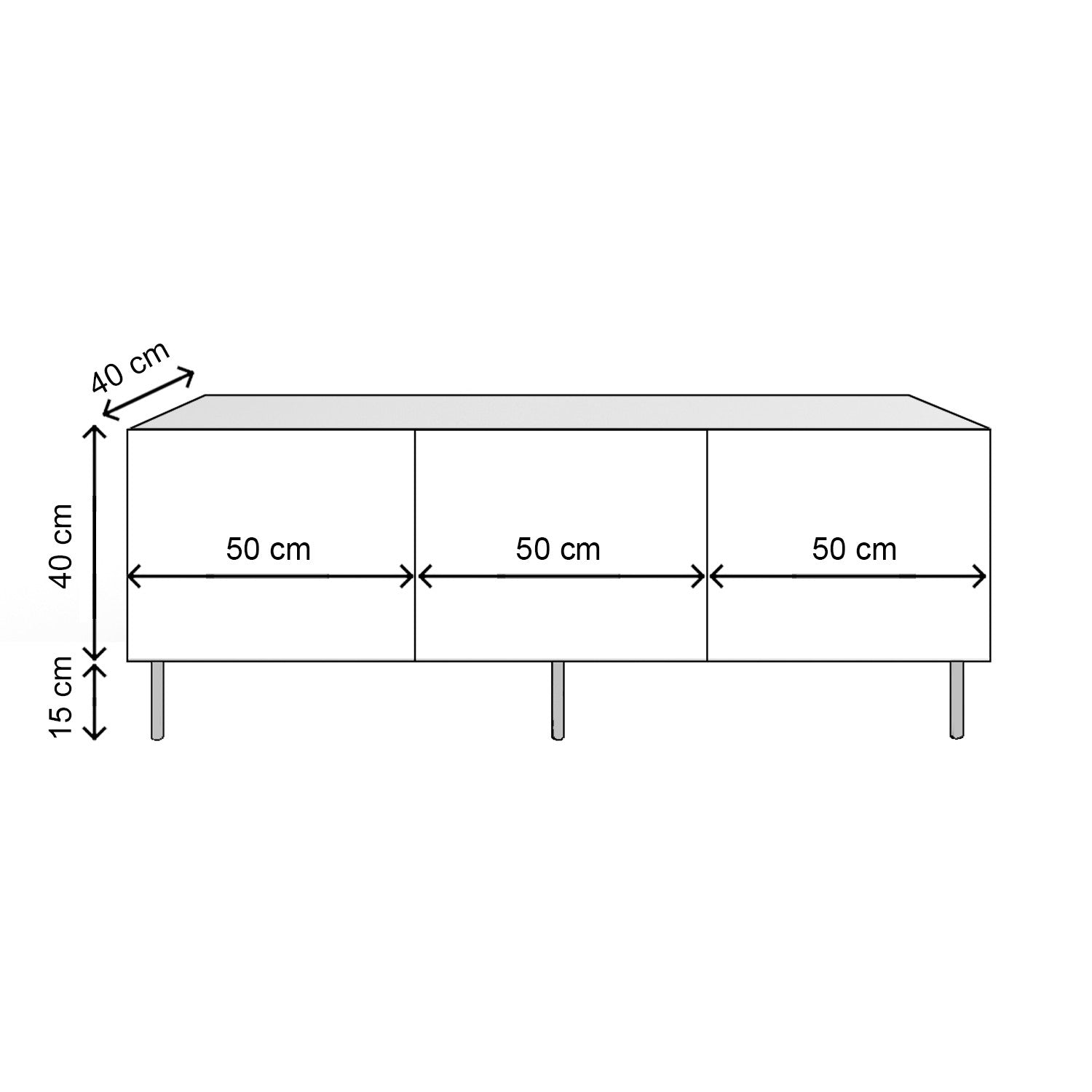 Desenho técnico de móvel branco com medidas em centímetros.
