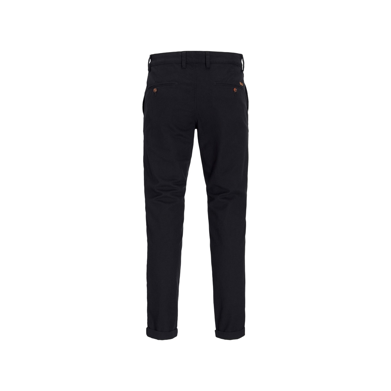 Calças compridas escuras vistas de costas com bolsos e presilhas para cinto