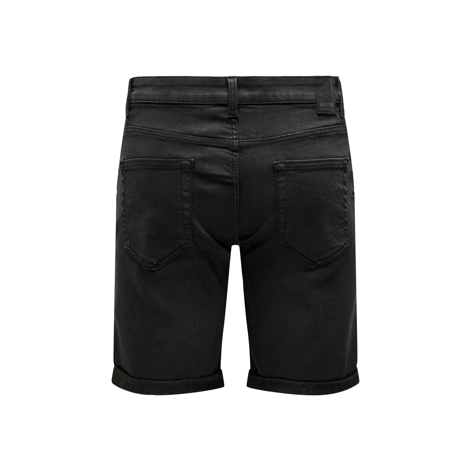 Calções pretos tipo ganga com bainha virada e bolsos traseiros