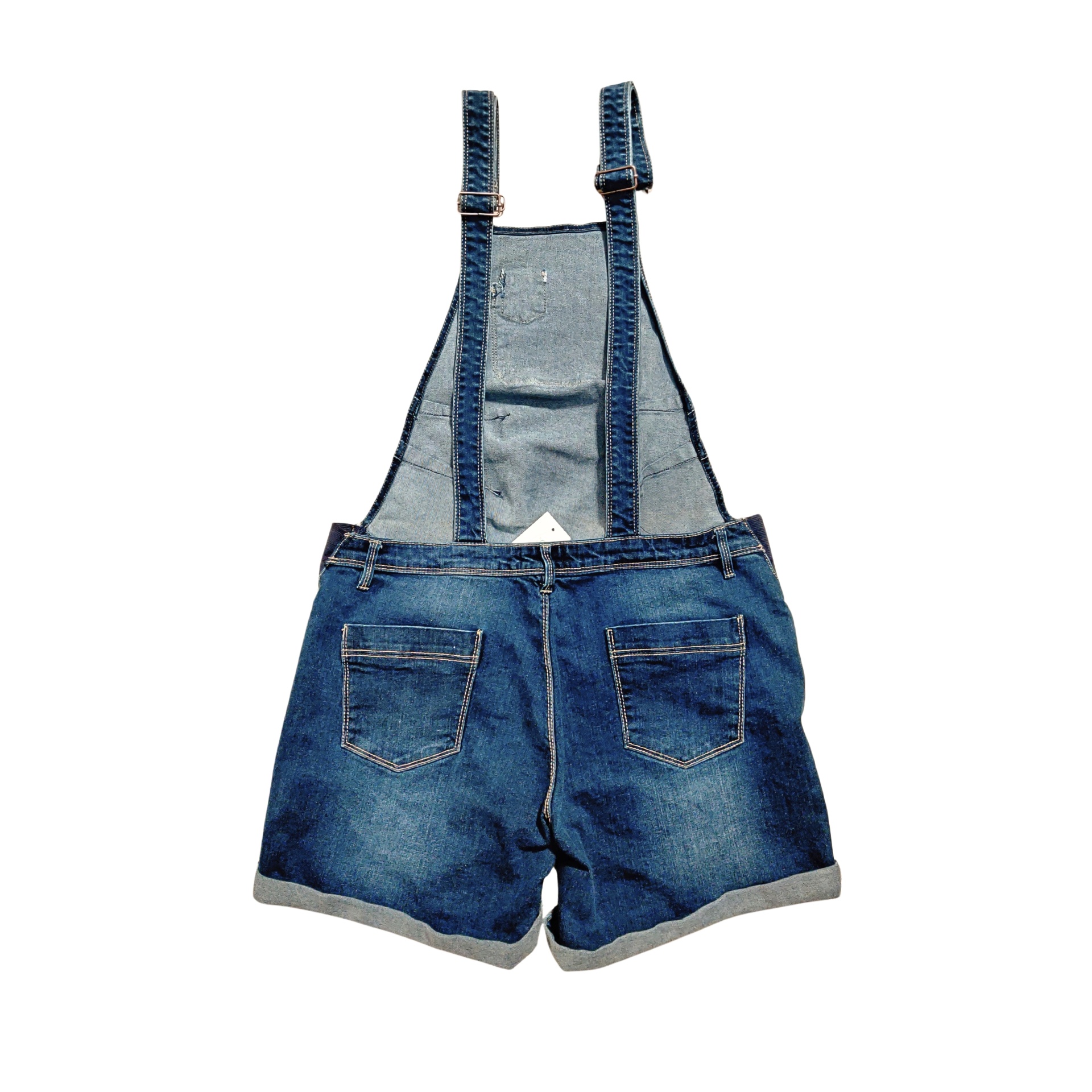 Jardineira curta azul de ganga com alças e bolsos traseros