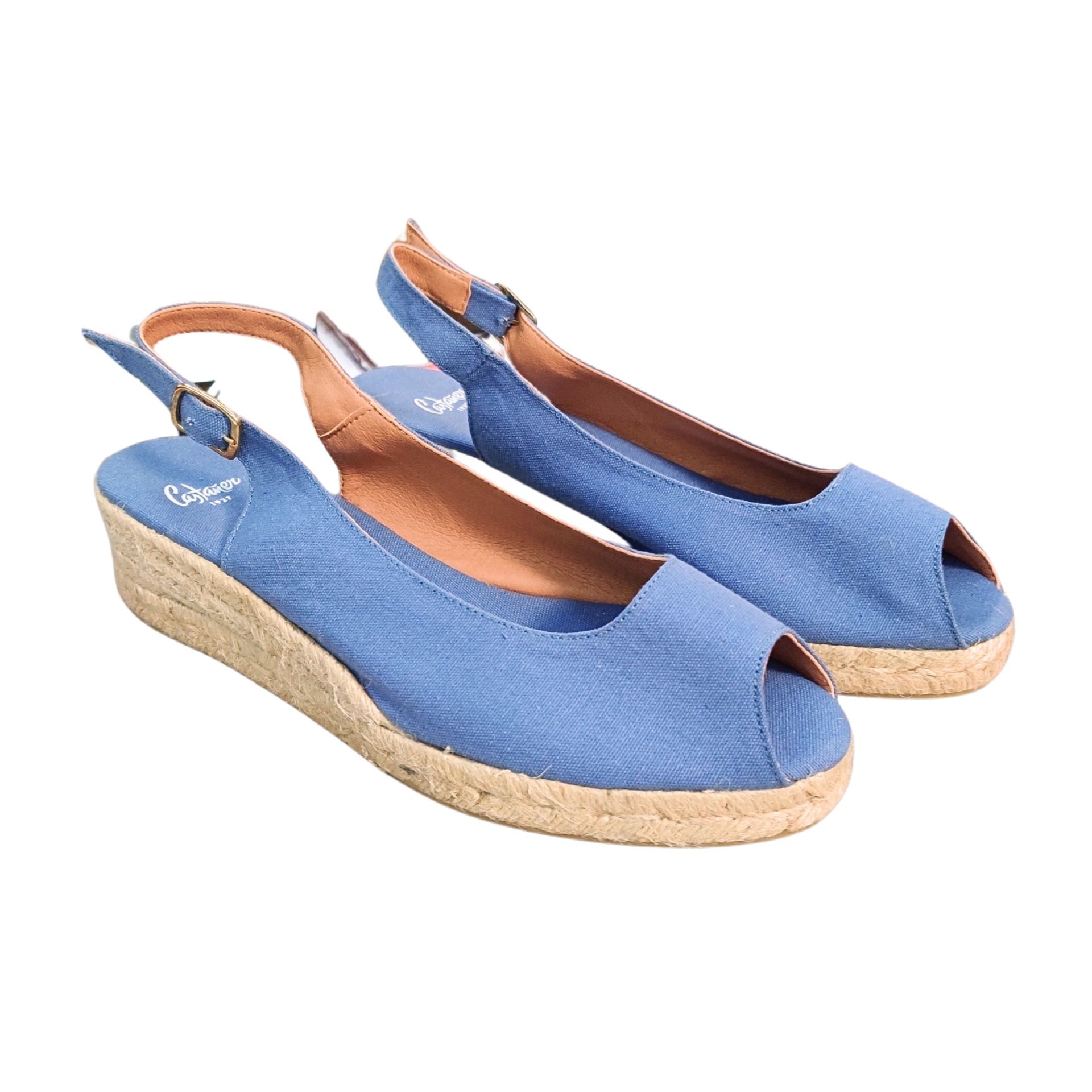 Sandálias azuis com sola de cortiça e salto cunha