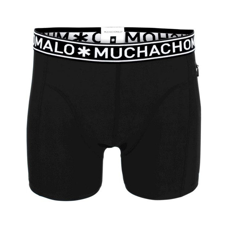 Cuecas boxer pretas com cós elástico preto e branco com texto MUCHACHOMALO